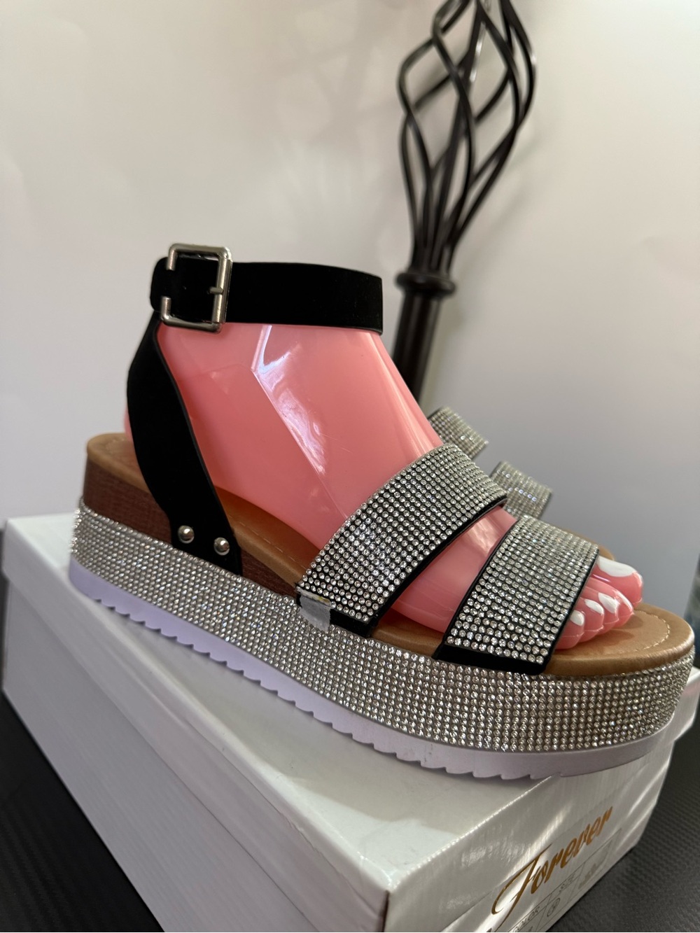 Forever 21 Pink Rhinestone Platform Sandals with Black Ankle Strap